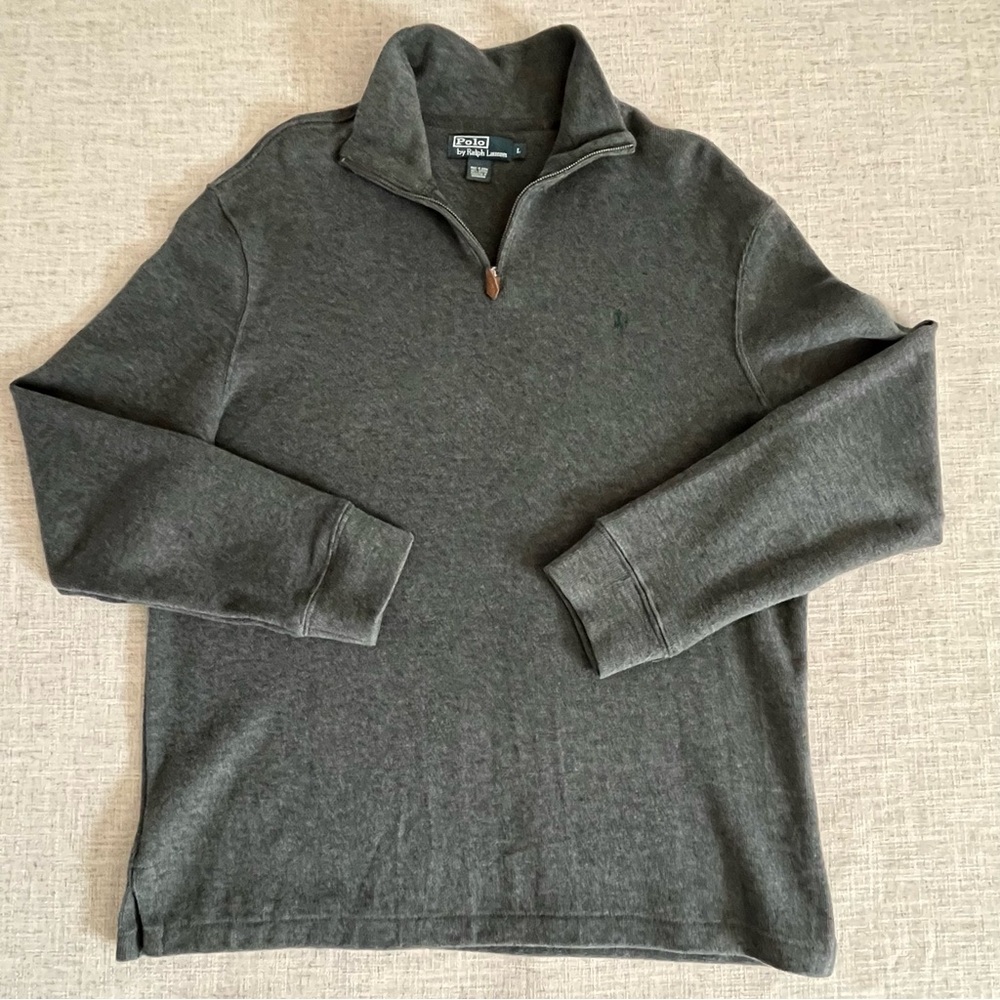 Polo Ralph Lauren 1/4 Zip Sweater L Estate Rib Charcoal Grey Green Pony Cotton